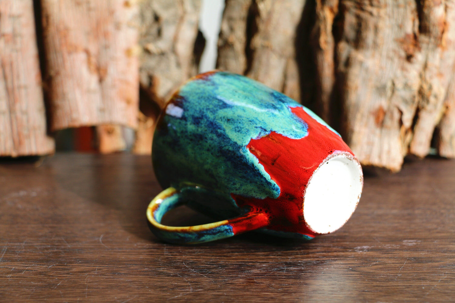 Handmade Psychedelic Green And Red Ceramic Mugs, Personalized Pottery Mug