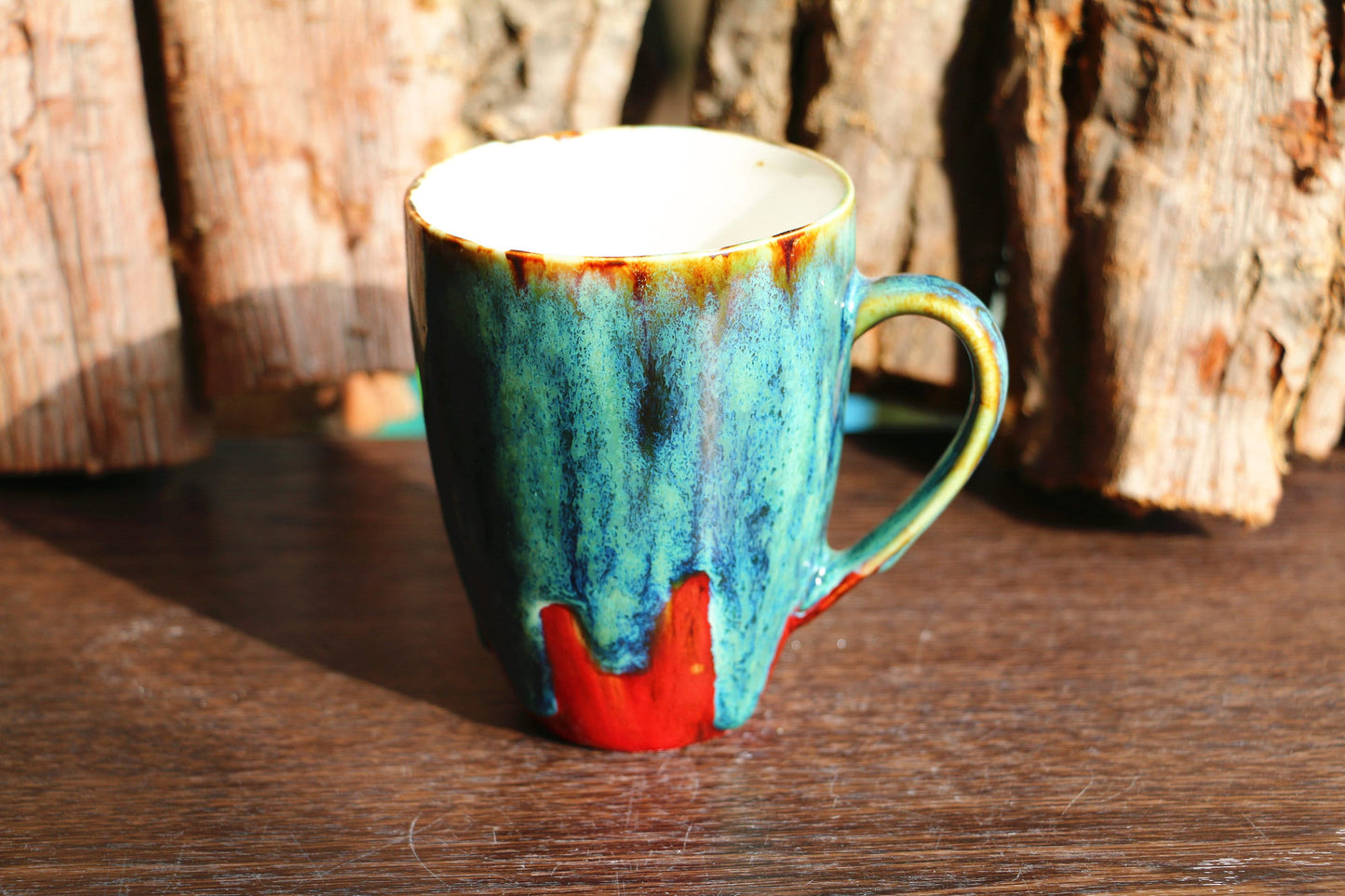 Handmade Psychedelic Green And Red Ceramic Mugs, Personalized Pottery Mug