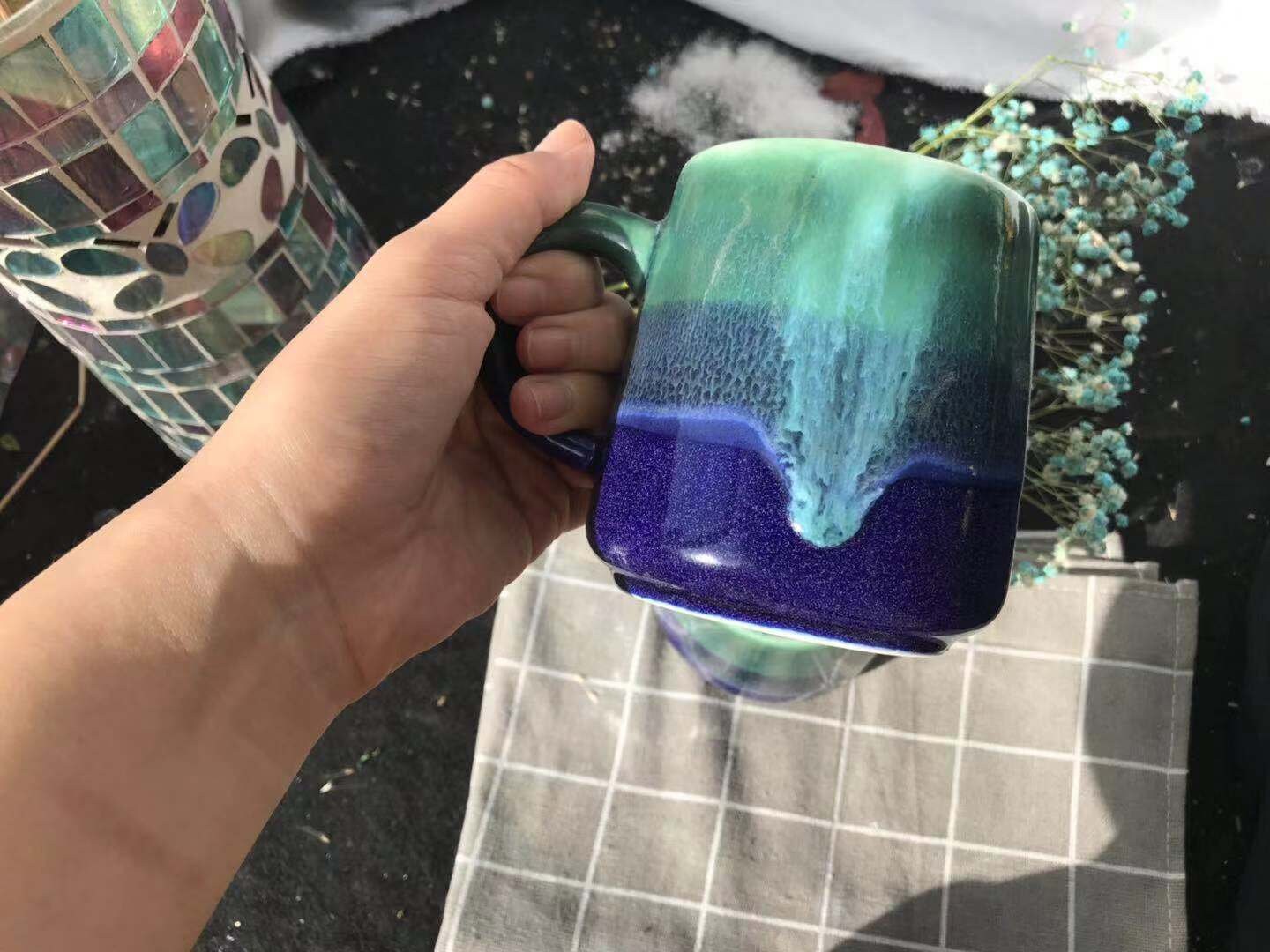 Ceramic Coffee Mug Handmade, Blue And Green Personalized Pottery Mug