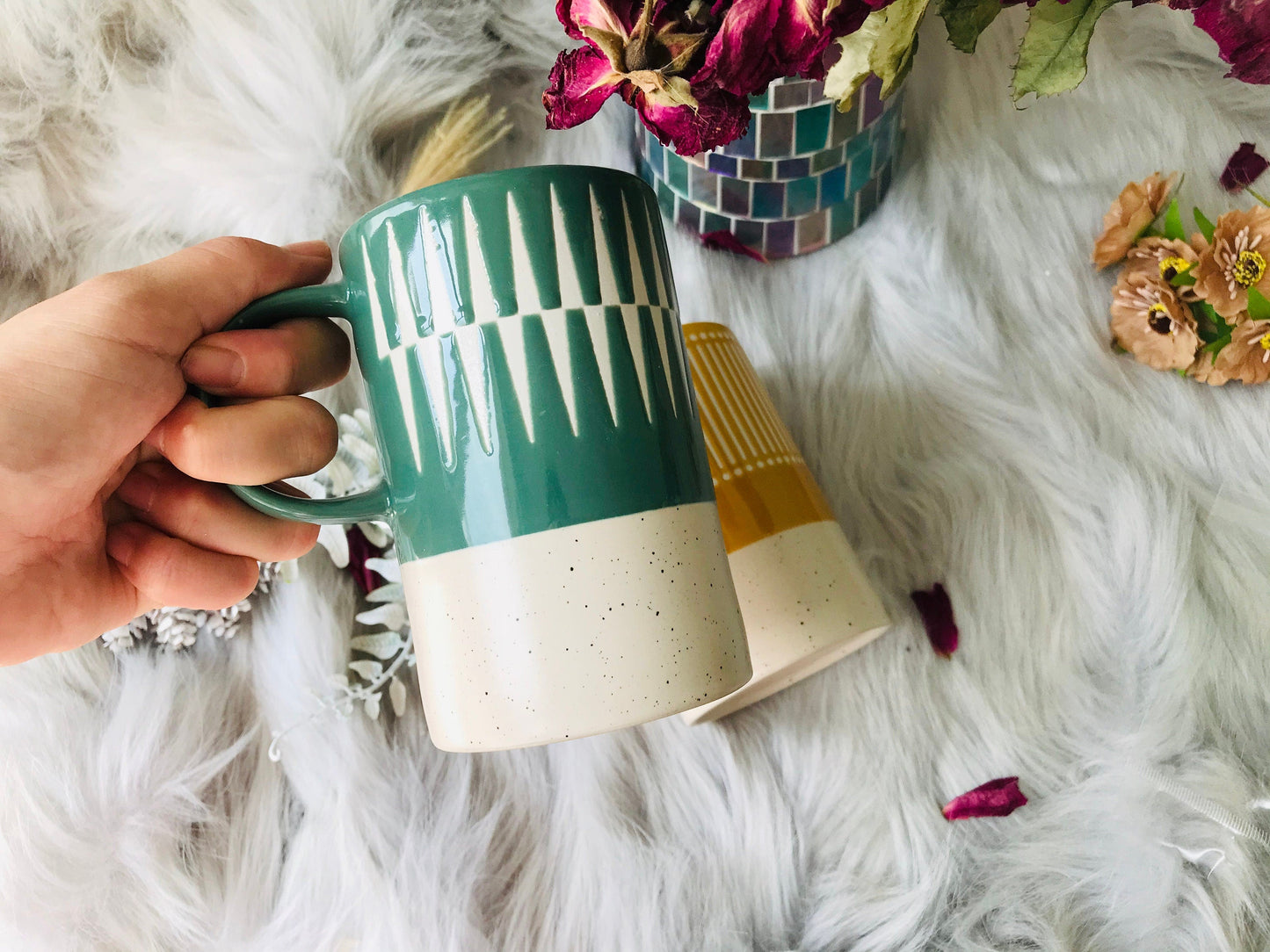 Ceramic Coffee Mug Handmade, Green And Yellow Personalized Pottery Mug