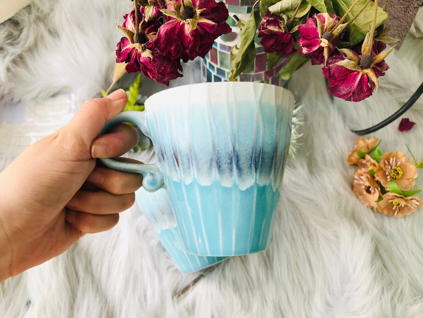 Blue Ceramic Coffee Mug Handmade, 14 Oz Personalized Pottery Mug