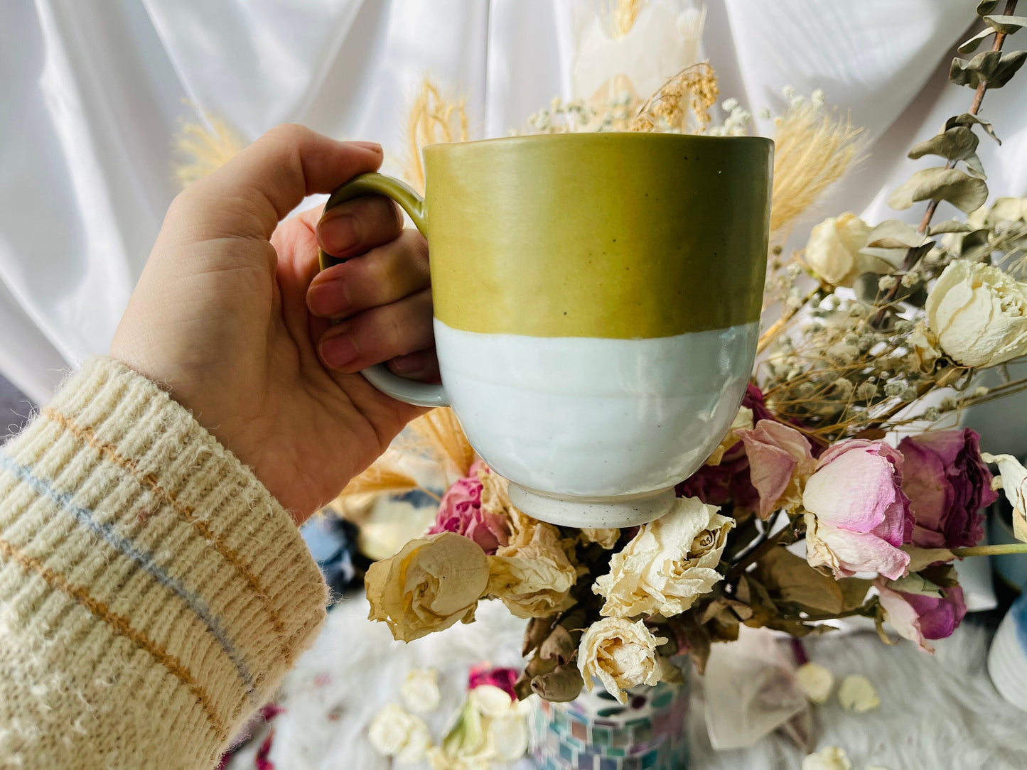 Handmade Pink And Yellow Ceramic Mugs For Coffee Lovers, Personalized Pottery Mug