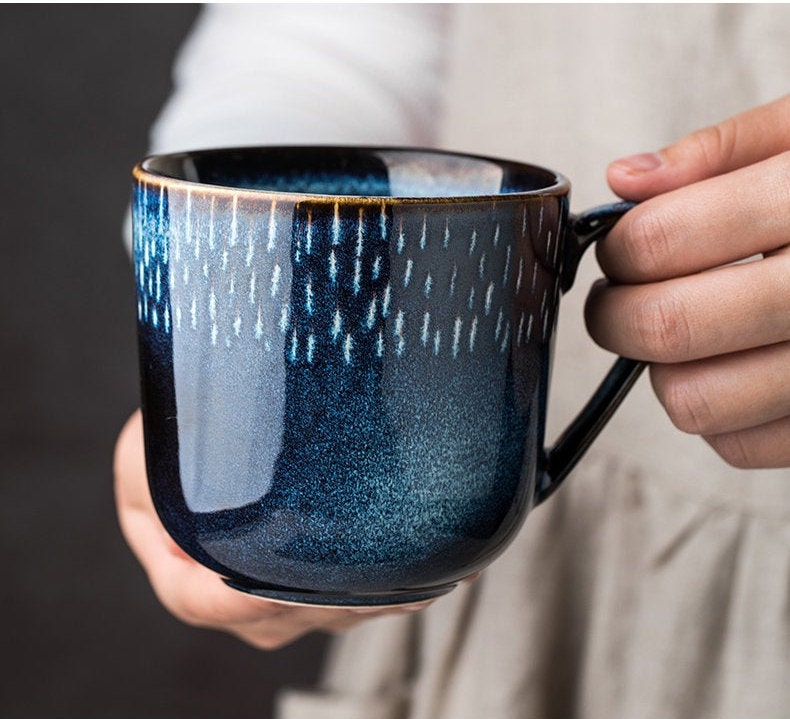 Ceramic Coffee Mug Handmade, White Raindrops Personalized Pottery Mug