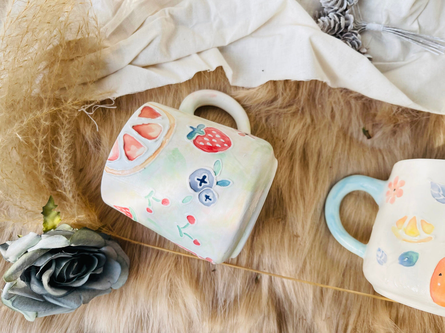 Ceramic Coffee Mug Handmade, Hand-painted Fruit Personalized Pottery Mug