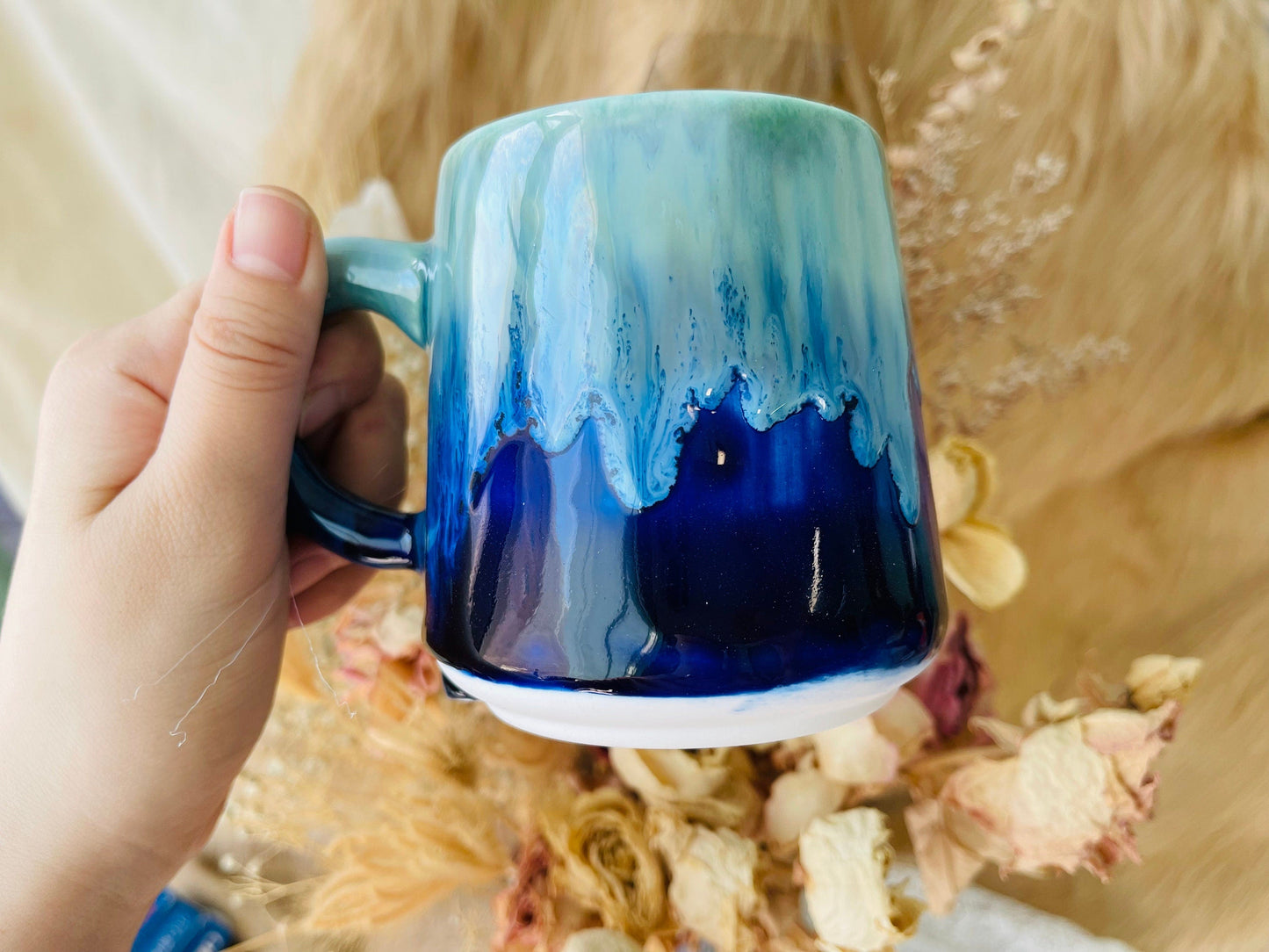 Ceramic Coffee Mug Handmade, Water Blue Personalized Pottery Mug