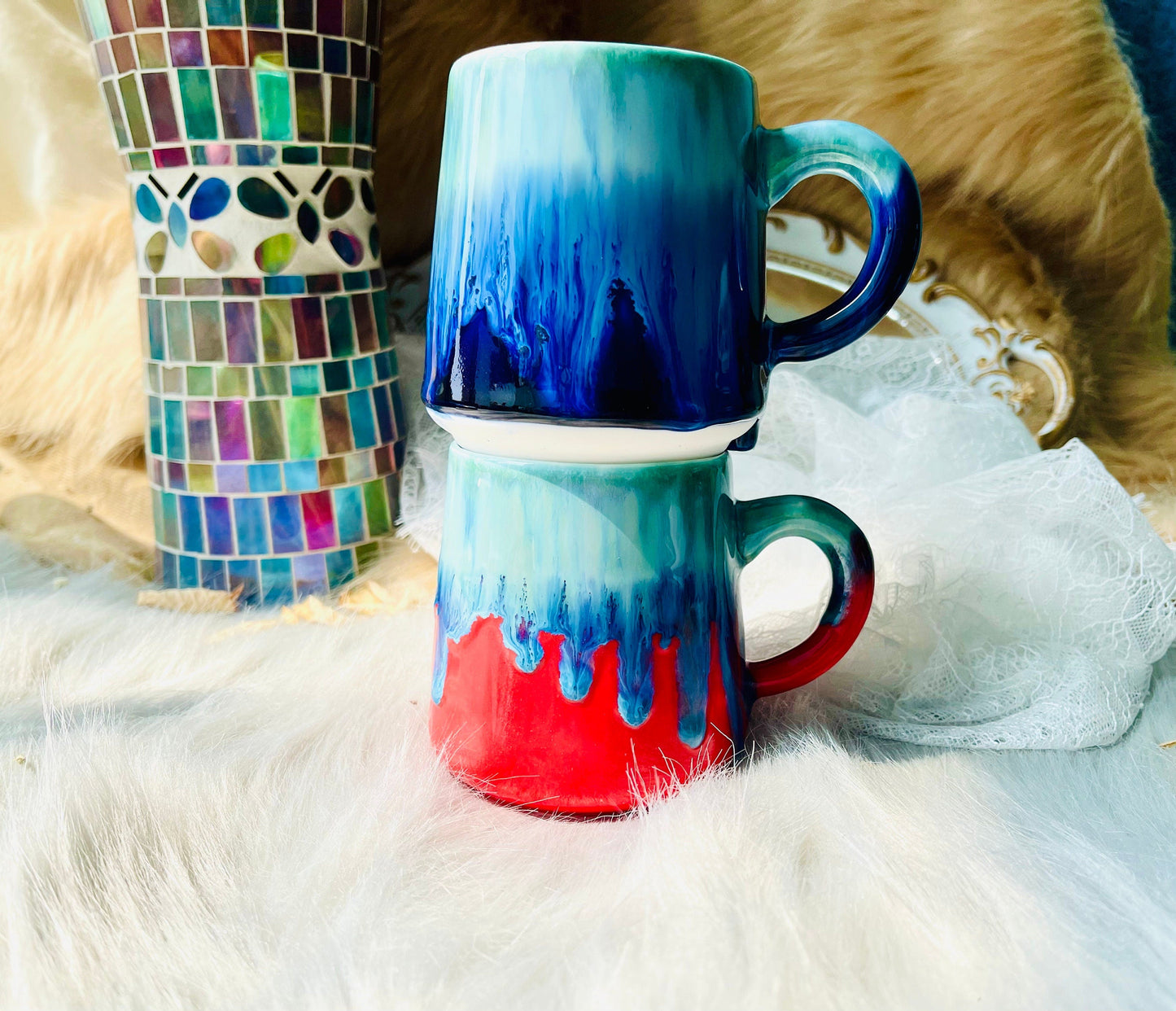 Ceramic Coffee Mug Handmade, Water Blue Personalized Pottery Mug