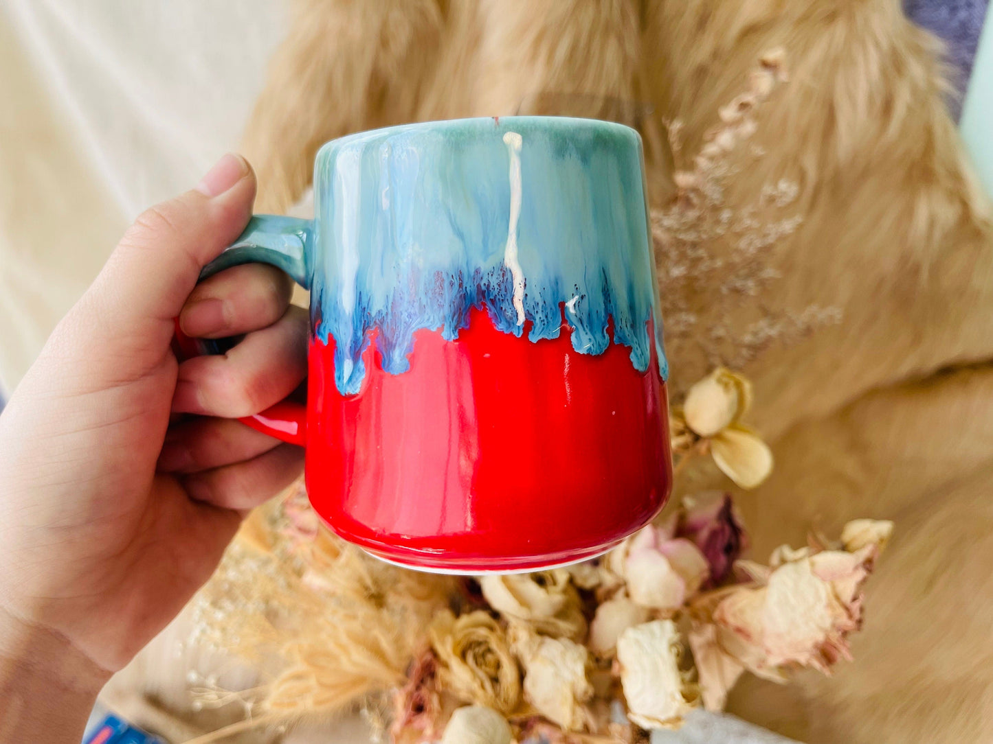 Ceramic Coffee Mug Handmade, Water Blue Personalized Pottery Mug