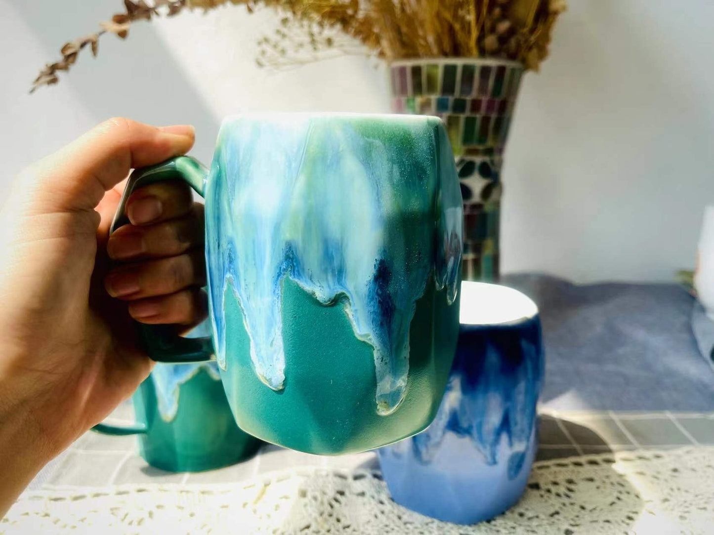 Colorful Ceramic Mug with Flowing Glaze, Brightly Colored Personalized Handmade Pottery Mug