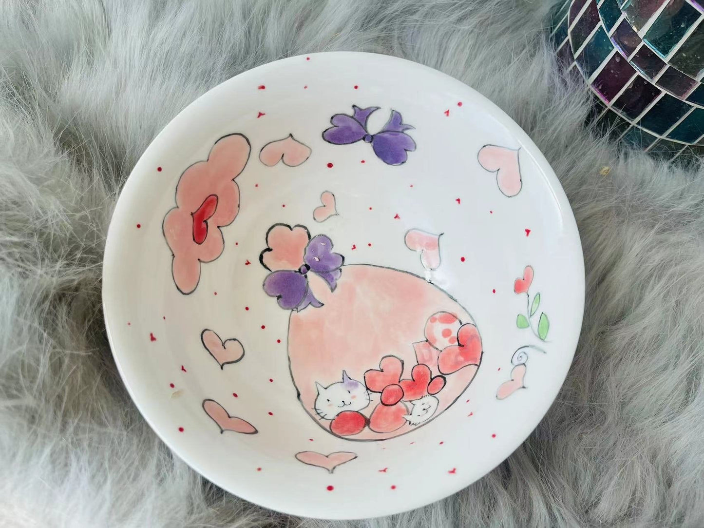 Adorable Hand-Painted Cartoon Cat Ceramic Mug and Bowl, Handmade Pottery Coffee Mug And Bowl