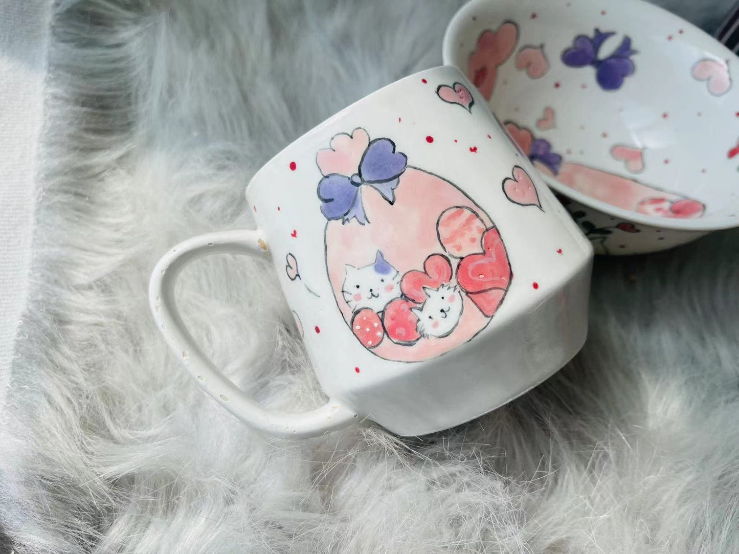 Adorable Hand-Painted Cartoon Cat Ceramic Mug and Bowl, Handmade Pottery Coffee Mug And Bowl