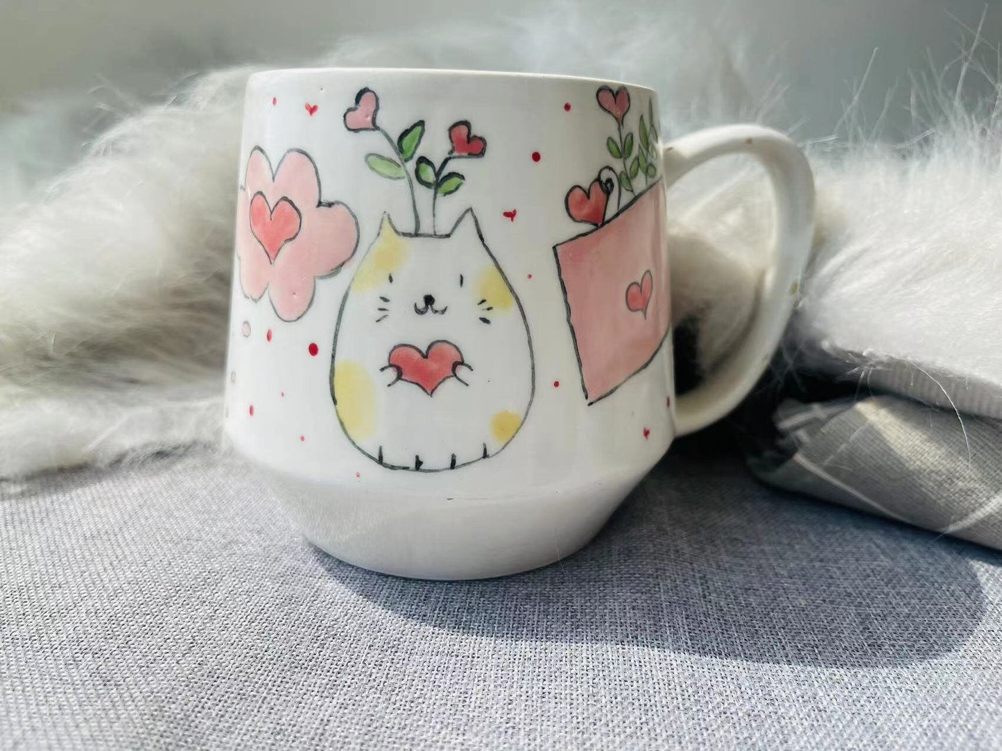 Adorable Hand-Painted Cartoon Cat Ceramic Mug and Bowl, Handmade Pottery Coffee Mug And Bowl