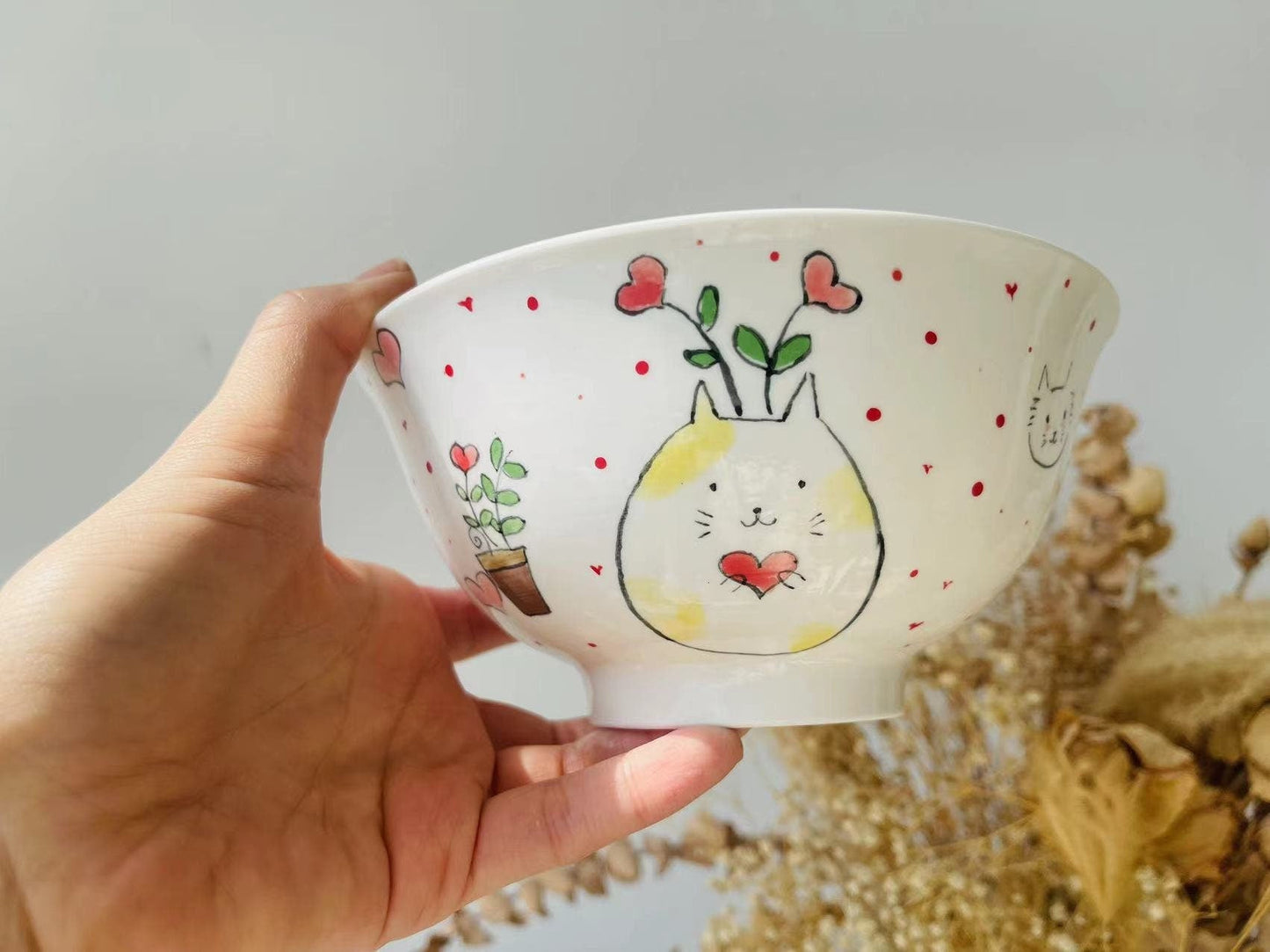 Adorable Hand-Painted Cartoon Cat Ceramic Mug and Bowl, Handmade Pottery Coffee Mug And Bowl