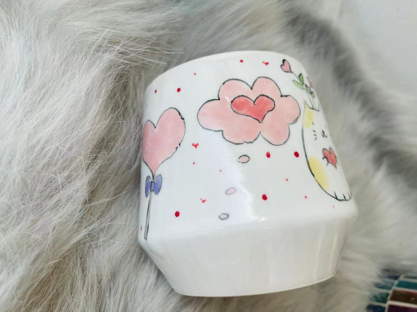 Adorable Hand-Painted Cartoon Cat Ceramic Mug and Bowl, Handmade Pottery Coffee Mug And Bowl