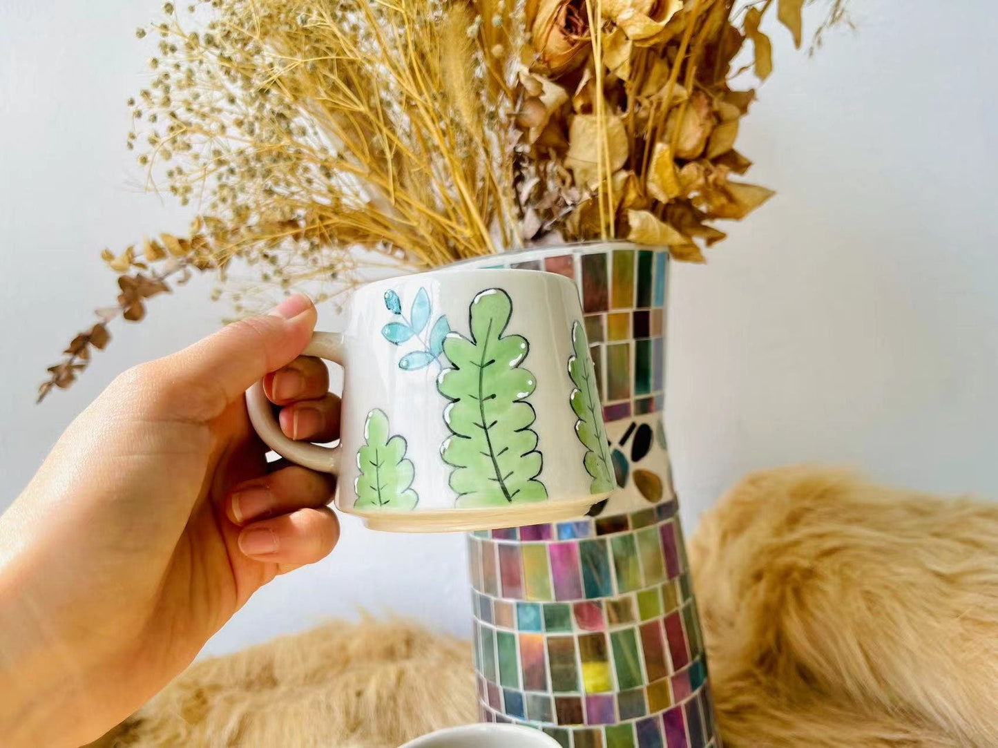 Adorable Plants Designs Hand-painted Ceramic Mug, Personalized Handmade Ceramic Cup