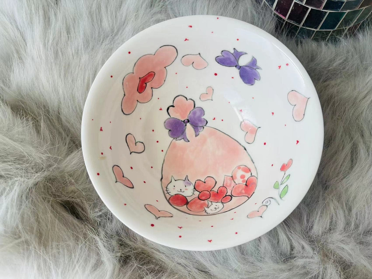 Adorable Hand-Painted Cartoon Cat Ceramic Mug and Bowl, Handmade Pottery Coffee Mug And Bowl