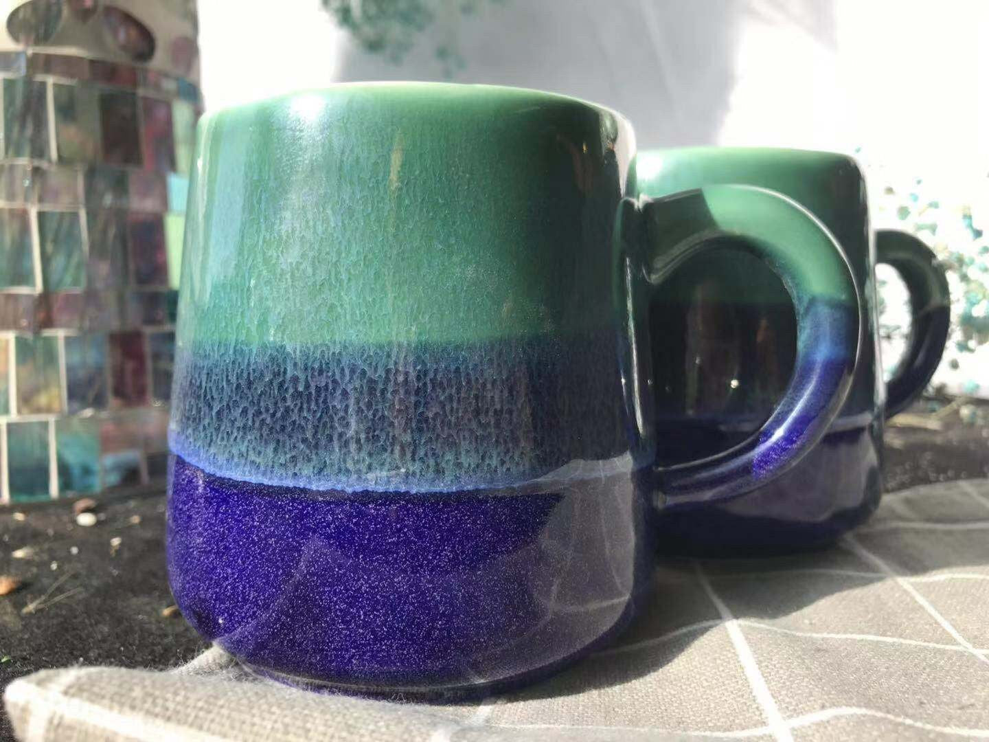 Ceramic Coffee Mug Handmade, Blue And Green Personalized Pottery Mug