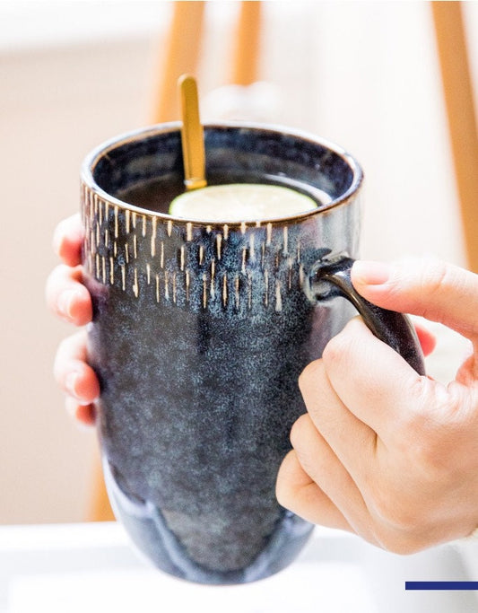 20 Oz Retro Blue Starry Ocean Ceramic Mug, Rustic Handmade Ceramic Coffee Mug