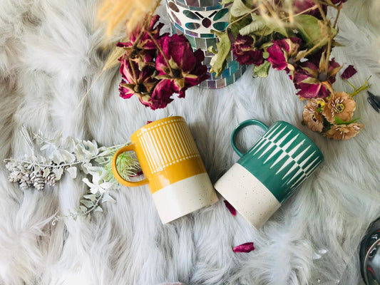 Ceramic Coffee Mug Handmade, Green And Yellow Personalized Pottery Mug