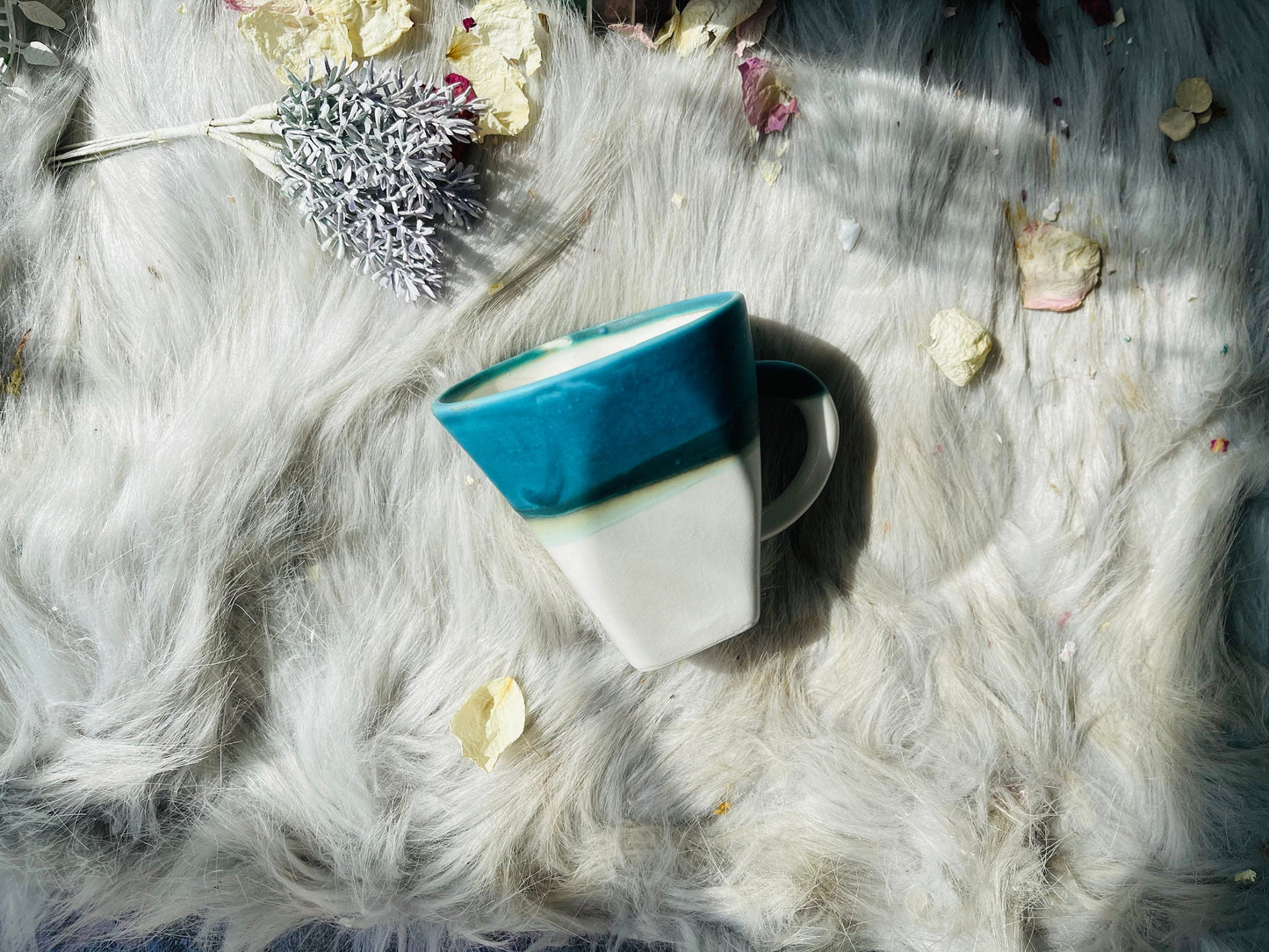 Ceramic Coffee Mug Handmade, Blue And White Square Personalized Pottery Mug