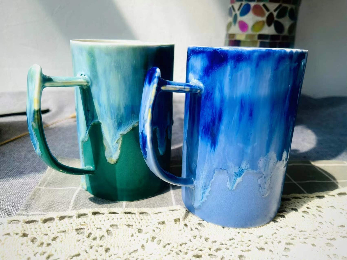 Colorful Ceramic Mug with Flowing Glaze, Brightly Colored Personalized Handmade Pottery Mug