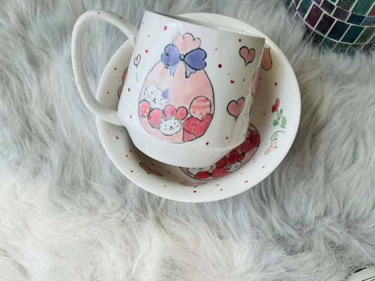 Adorable Hand-Painted Cartoon Cat Ceramic Mug and Bowl, Handmade Pottery Coffee Mug And Bowl